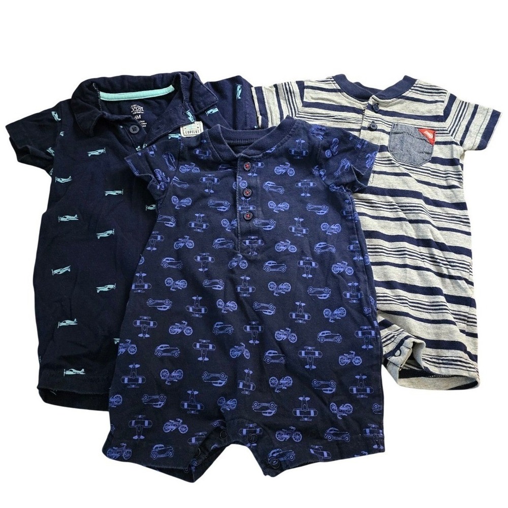 Just One You by Carters Baby Boy Romper Lot‎ 3pc 6M Navy Blue Striped Airplanes